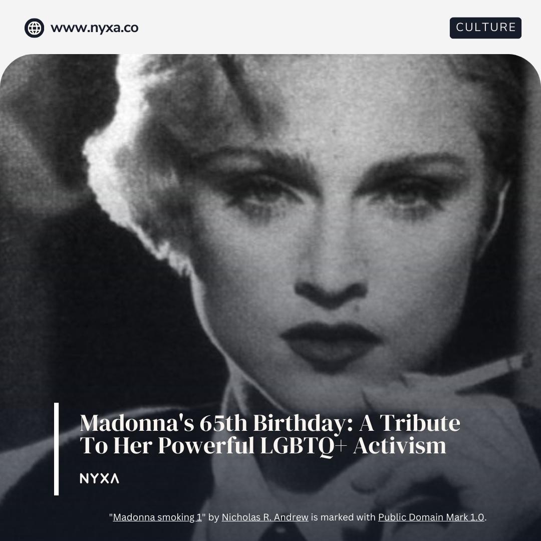A black and white photograph of the pop icon Madonna smoking a cigarette