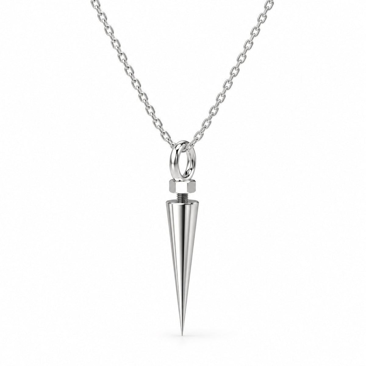 Angled view of the Stellar Spike sterling silver necklace showing its circular bail, threaded detail, and pointed pendant.