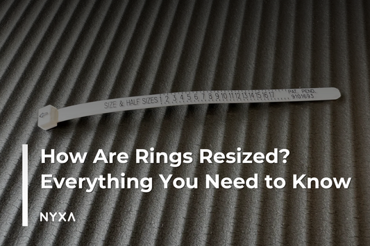 A ring size measuring tool on a textured background with the text "How Are RIngs Resized? Everything You Need to Know"