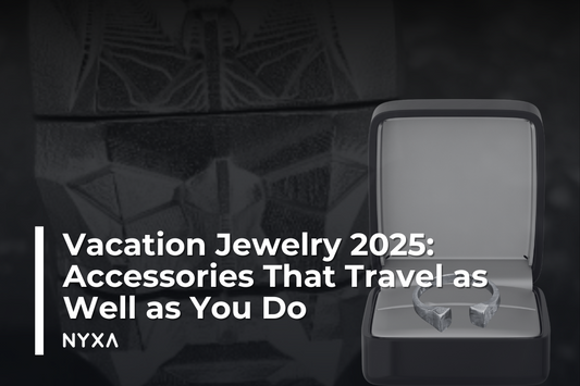 Image of a silver open ring in an open jewelry box, with the text 'Vacation Jewelry 2025: Accessories That Travel as Well as You Do' over a geometric textured background. NYXA logo is featured below.
