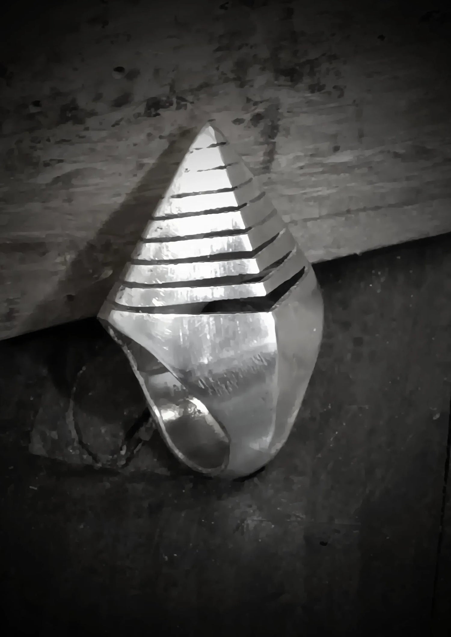 Image of NYXA's Apex Sterling Silver Ring in front of a wood grain background. 