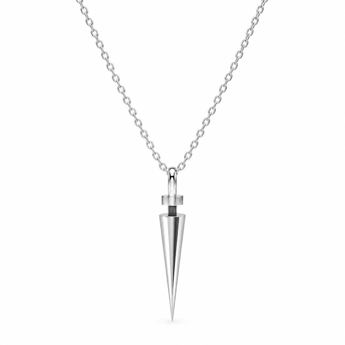 Front view of the Stellar Spike sterling silver necklace with a tapered spike pendant and exposed threaded detail.