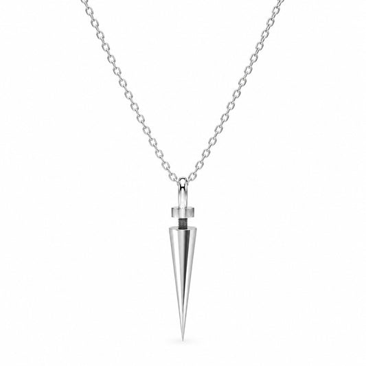 Front view of the Stellar Spike sterling silver necklace with a tapered spike pendant and exposed threaded detail.