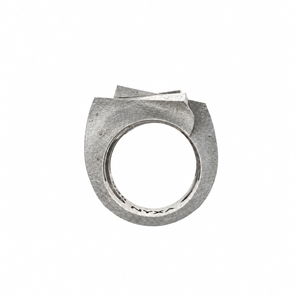 Side profile of the Apollo sterling silver ring showing its circular opening, angular top, and textured surface.