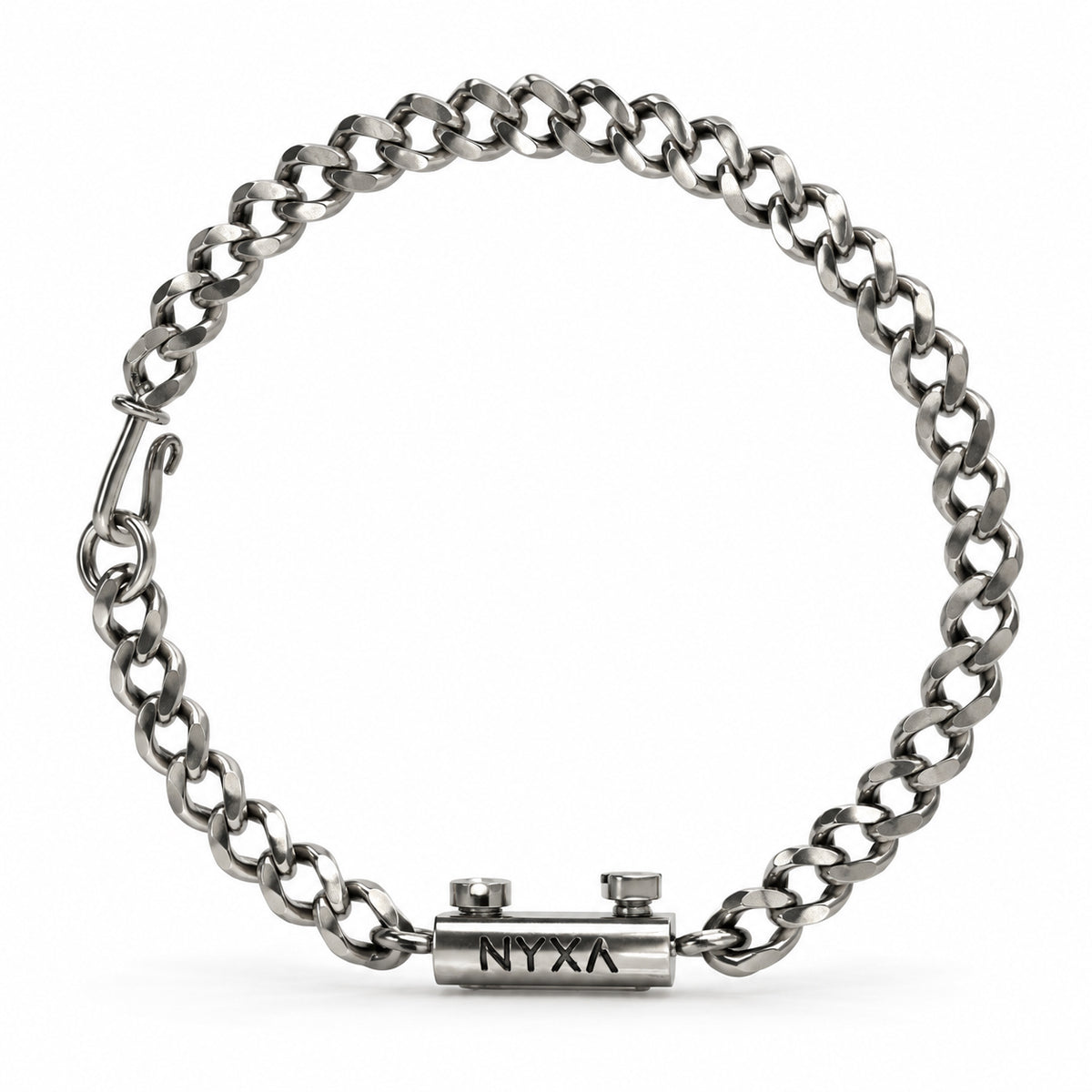 Front view of the Tekton sterling silver bracelet standing in a loop with its NYXA centerpiece at the bottom.
