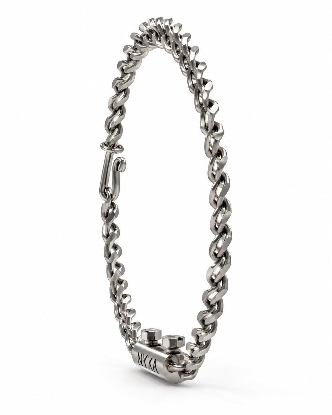 Angled upright view of the Tekton sterling silver bracelet showing the curb links, hook clasp, and bolts on its centerpiece.