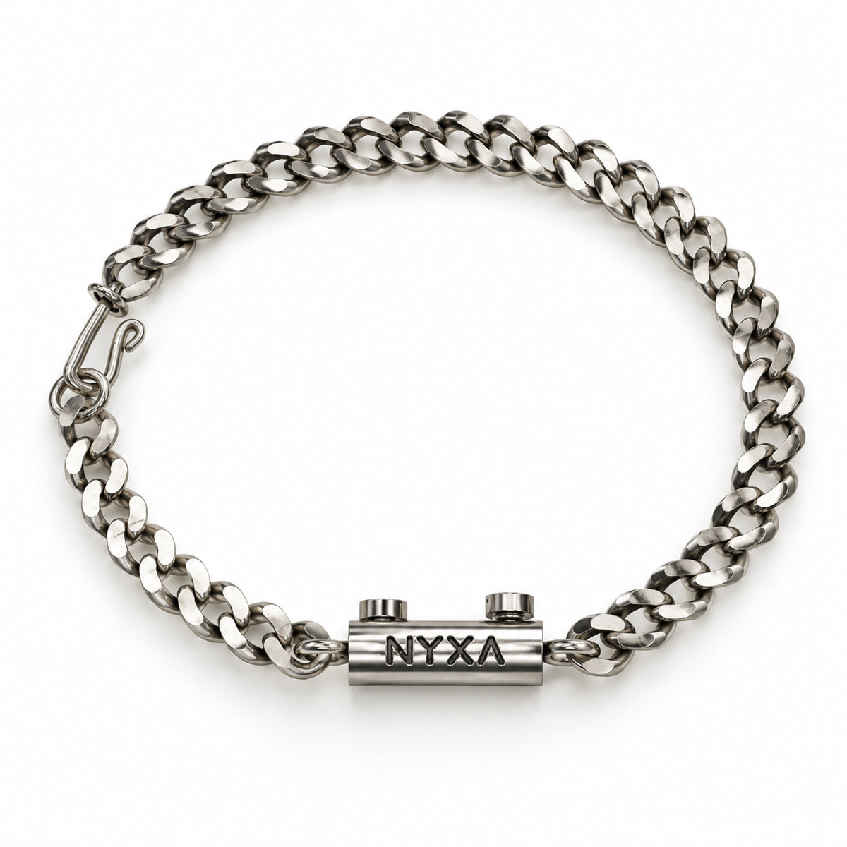Overhead view of the Tekton sterling silver curb chain bracelet with a hook clasp and NYXA centerpiece topped by two bolts.